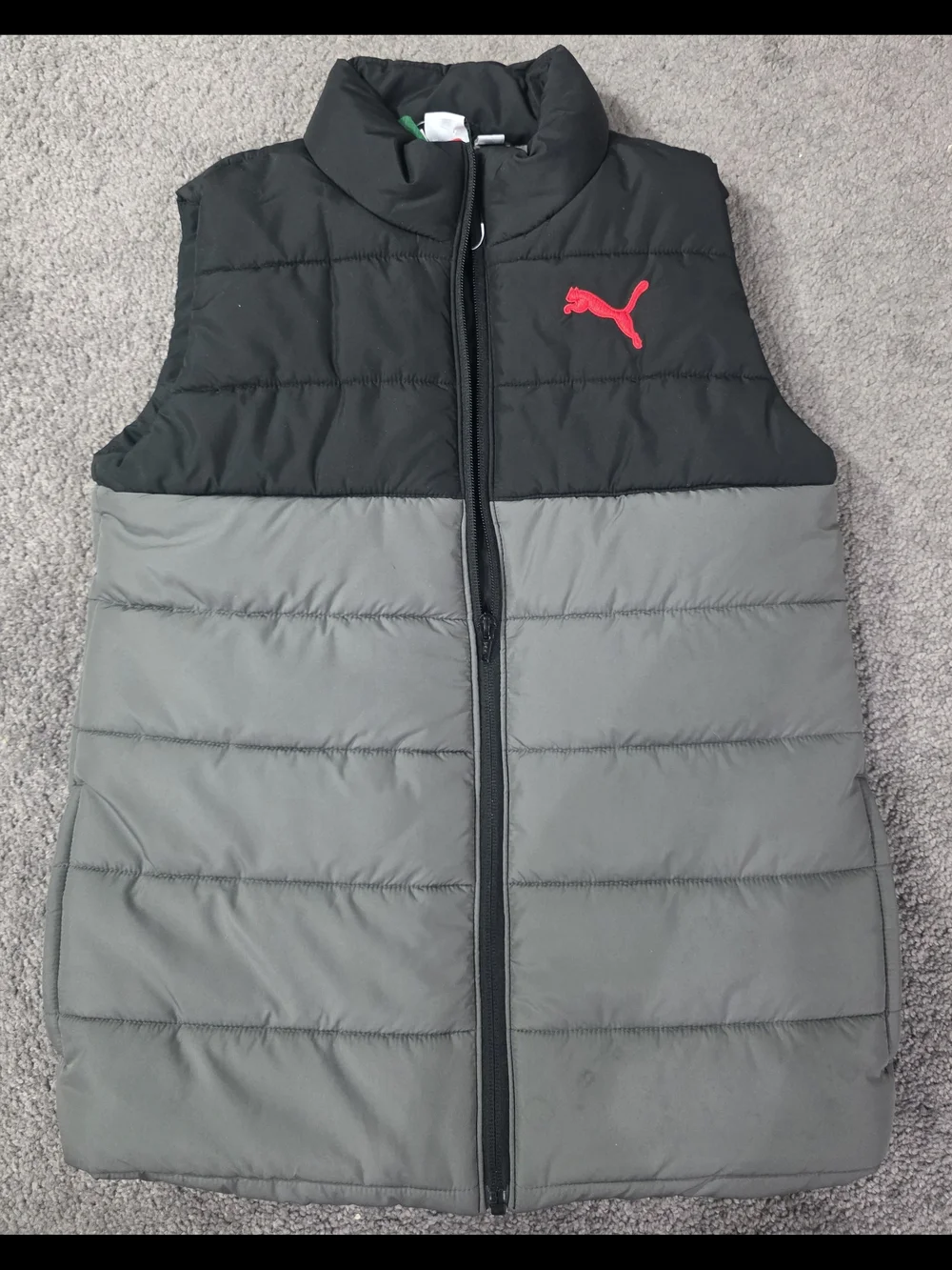 Nike Boys' Black and Gray Puffer Vest with Red Logo